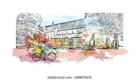Building view with landmark of Stavanger is a city in southwestern Norway. Watercolor splash with Hand drawn sketch illustration in vector.
