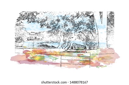 Building view with landmark of Stavanger is a city in southwestern Norway. Watercolor splash with Hand drawn sketch illustration in vector.