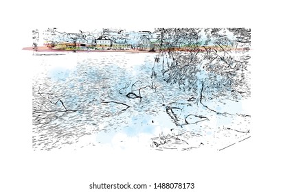 Building view with landmark of Stavanger is a city in southwestern Norway. Watercolor splash with Hand drawn sketch illustration in vector.