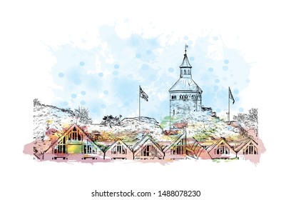 Building view with landmark of Stavanger is a city in southwestern Norway. Watercolor splash with Hand drawn sketch illustration in vector.