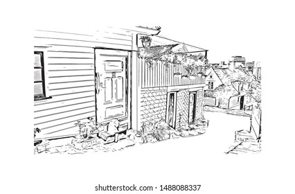 Building view with landmark of Stavanger is a city in southwestern Norway. Hand drawn sketch illustration in vector.