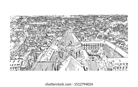 Building view with landmark of Strasbourg is the capital city of the Grand Est region, formerly Alsace, in northeastern France. Hand drawn sketch illustration in vector.