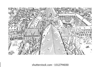 Building view with landmark of Strasbourg is the capital city of the Grand Est region, formerly Alsace, in northeastern France. Hand drawn sketch illustration in vector.