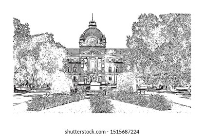 Building view with landmark of Strasbourg is the capital city of the Grand Est region, formerly Alsace, in northeastern France. Hand drawn sketch illustration in vector.