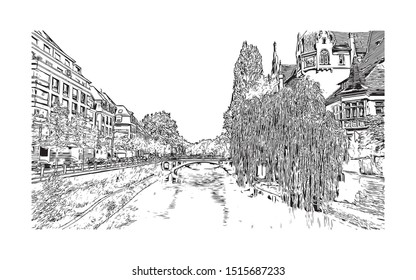 Building view with landmark of Strasbourg is the capital city of the Grand Est region, formerly Alsace, in northeastern France. Hand drawn sketch illustration in vector.