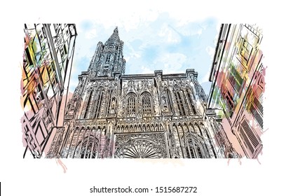 Building view with landmark of Strasbourg is the capital city of the Grand Est region, formerly Alsace, in northeastern France. Watercolor splash with Hand drawn sketch illustration in vector.