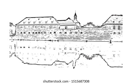 Building view with landmark of Strasbourg is the capital city of the Grand Est region, formerly Alsace, in northeastern France. Hand drawn sketch illustration in vector.
