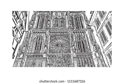 Building view with landmark of Strasbourg is the capital city of the Grand Est region, formerly Alsace, in northeastern France. Hand drawn sketch illustration in vector.