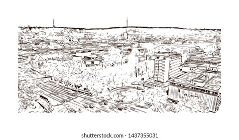 Building view with landmark of Stuttgart, capital of southwest Germany’s Baden- Wurttemberg state, is known as a manufacturing hub. Hand drawn sketch illustration in vector.