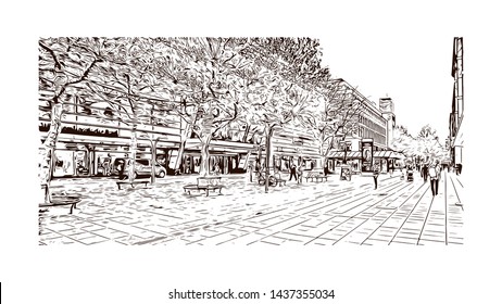 Building view with landmark of Stuttgart, capital of southwest Germany’s Baden- Wurttemberg state, is known as a manufacturing hub. Hand drawn sketch illustration in vector.