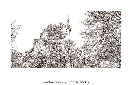 Building view with landmark of Stuttgart, capital of southwest Germany’s Baden- Wurttemberg state, is known as a manufacturing hub. Hand drawn sketch illustration in vector.