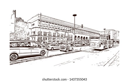 Building view with landmark of Stuttgart, capital of southwest Germany’s Baden- Wurttemberg state, is known as a manufacturing hub. Hand drawn sketch illustration in vector.