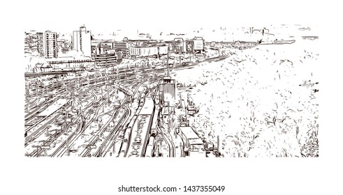 Building view with landmark of Stuttgart, capital of southwest Germany’s Baden- Wurttemberg state, is known as a manufacturing hub. Hand drawn sketch illustration in vector.