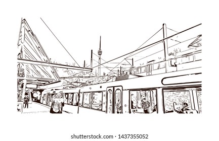 Building view with landmark of Stuttgart, capital of southwest Germany’s Baden- Wurttemberg state, is known as a manufacturing hub. Hand drawn sketch illustration in vector.