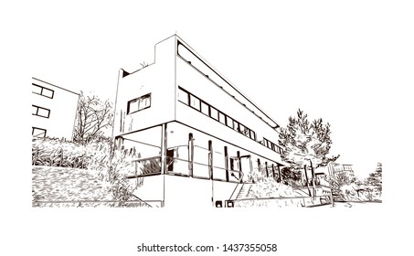 Building view with landmark of Stuttgart, capital of southwest Germany’s Baden- Wurttemberg state, is known as a manufacturing hub. Hand drawn sketch illustration in vector.