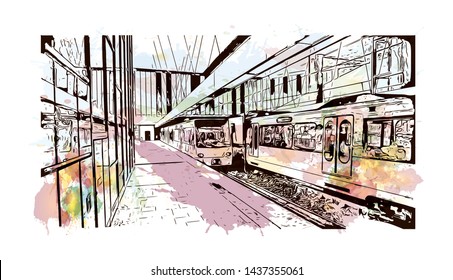Building view with landmark of Stuttgart, capital of southwest Germany’s Baden- Wurttemberg state, is known as a manufacturing hub. Watercolor splash with Hand drawn sketch illustration in vector.