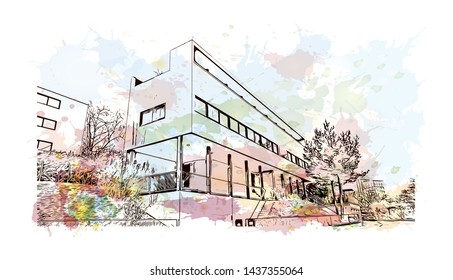 Building view with landmark of Stuttgart, capital of southwest Germany’s Baden- Wurttemberg state, is known as a manufacturing hub. Watercolor splash with Hand drawn sketch illustration in vector.