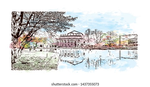 Building view with landmark of Stuttgart, capital of southwest Germany’s Baden- Wurttemberg state, is known as a manufacturing hub. Watercolor splash with Hand drawn sketch illustration in vector.