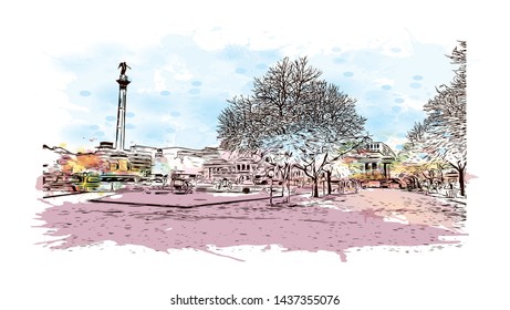 Building view with landmark of Stuttgart, capital of southwest Germany’s Baden- Wurttemberg state, is known as a manufacturing hub. Watercolor splash with Hand drawn sketch illustration in vector.