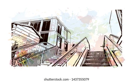Building view with landmark of Stuttgart, capital of southwest Germany’s Baden- Wurttemberg state, is known as a manufacturing hub. Watercolor splash with Hand drawn sketch illustration in vector.
