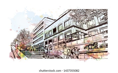 Building view with landmark of Stuttgart, capital of southwest Germany’s Baden- Wurttemberg state, is known as a manufacturing hub. Watercolor splash with Hand drawn sketch illustration in vector.