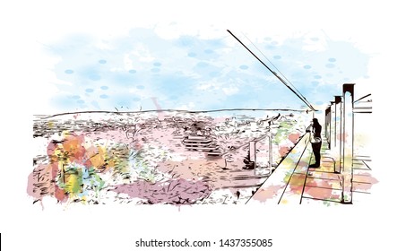 Building view with landmark of Stuttgart, capital of southwest Germany’s Baden- Wurttemberg state, is known as a manufacturing hub. Watercolor splash with Hand drawn sketch illustration in vector.