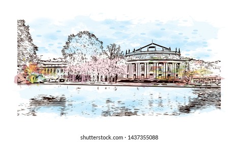 Building view with landmark of Stuttgart, capital of southwest Germany’s Baden- Wurttemberg state, is known as a manufacturing hub. Watercolor splash with Hand drawn sketch illustration in vector.