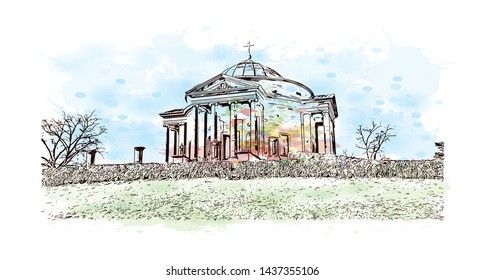 Building view with landmark of Stuttgart, capital of southwest Germany’s Baden- Wurttemberg state, is known as a manufacturing hub. Watercolor splash with Hand drawn sketch illustration in vector.