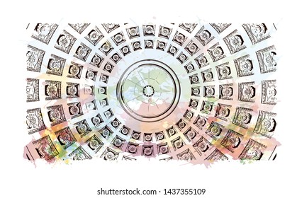 Building view with landmark of Stuttgart, capital of southwest Germany’s Baden- Wurttemberg state, is known as a manufacturing hub. Watercolor splash with Hand drawn sketch illustration in vector.