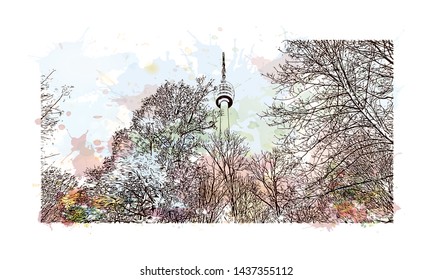 Building view with landmark of Stuttgart, capital of southwest Germany’s Baden- Wurttemberg state, is known as a manufacturing hub. Watercolor splash with Hand drawn sketch illustration in vector.