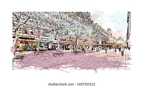 Building view with landmark of Stuttgart, capital of southwest Germany’s Baden- Wurttemberg state, is known as a manufacturing hub. Watercolor splash with Hand drawn sketch illustration in vector.