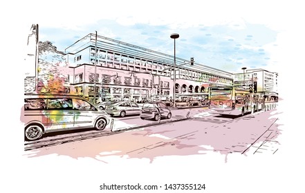 Building view with landmark of Stuttgart, capital of southwest Germany’s Baden- Wurttemberg state, is known as a manufacturing hub. Watercolor splash with Hand drawn sketch illustration in vector.