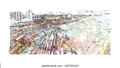 Building view with landmark of Stuttgart, capital of southwest Germany’s Baden- Wurttemberg state, is known as a manufacturing hub. Watercolor splash with Hand drawn sketch illustration in vector.