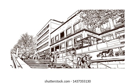 Building view with landmark of Stuttgart, capital of southwest Germany’s Baden- Wurttemberg state, is known as a manufacturing hub. Hand drawn sketch illustration in vector.