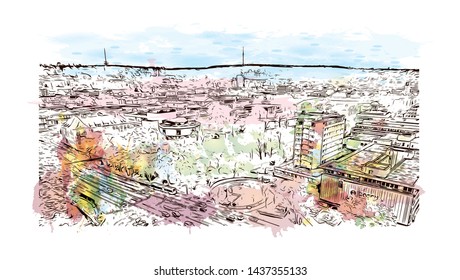 Building view with landmark of Stuttgart, capital of southwest Germany’s Baden- Wurttemberg state, is known as a manufacturing hub. Watercolor splash with Hand drawn sketch illustration in vector.
