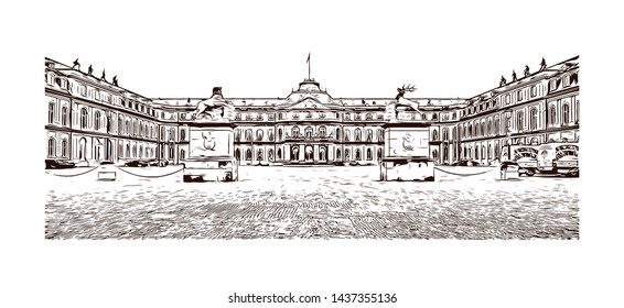 Building view with landmark of Stuttgart, capital of southwest Germany’s Baden- Wurttemberg state, is known as a manufacturing hub. Hand drawn sketch illustration in vector.