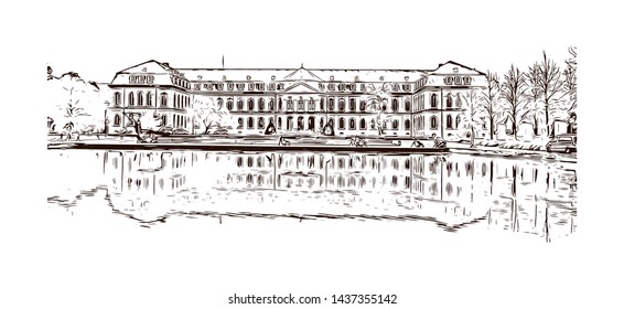Building view with landmark of Stuttgart, capital of southwest Germany’s Baden- Wurttemberg state, is known as a manufacturing hub. Hand drawn sketch illustration in vector.