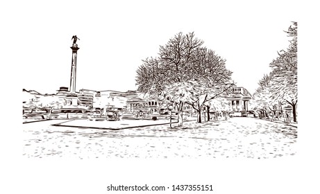Building view with landmark of Stuttgart, capital of southwest Germany’s Baden- Wurttemberg state, is known as a manufacturing hub. Hand drawn sketch illustration in vector.