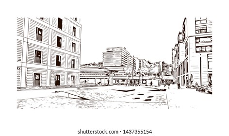 Building view with landmark of Stuttgart, capital of southwest Germany’s Baden- Wurttemberg state, is known as a manufacturing hub. Hand drawn sketch illustration in vector.