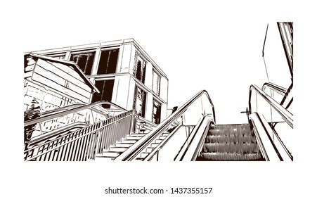 Building view with landmark of Stuttgart, capital of southwest Germany’s Baden- Wurttemberg state, is known as a manufacturing hub. Hand drawn sketch illustration in vector.