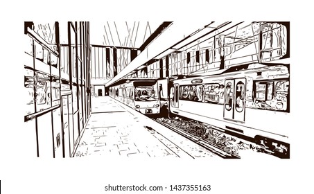 Building view with landmark of Stuttgart, capital of southwest Germany’s Baden- Wurttemberg state, is known as a manufacturing hub. Hand drawn sketch illustration in vector.