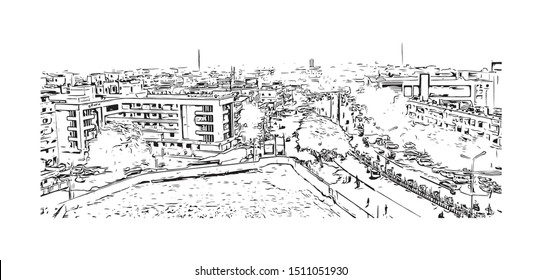 Building view with landmark of Surat is a large city beside the Tapi River in the west Indian state of Gujarat. Hand drawn sketch illustration in vector.