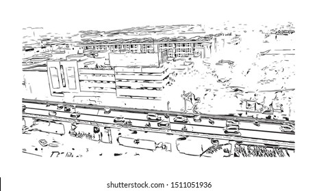 Building view with landmark of Surat is a large city beside the Tapi River in the west Indian state of Gujarat. Hand drawn sketch illustration in vector.