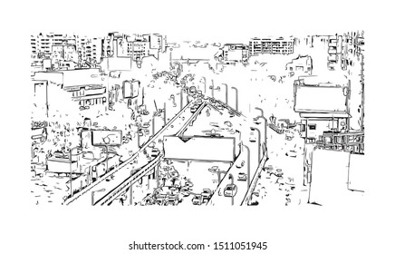 Building view with landmark of Surat is a large city beside the Tapi River in the west Indian state of Gujarat. Hand drawn sketch illustration in vector.