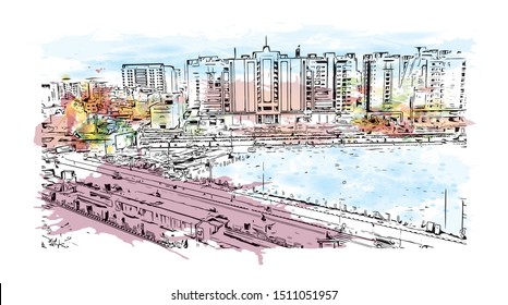 Building view with landmark of Surat is a large city beside the Tapi River in the west Indian state of Gujarat. Watercolor splash with Hand drawn sketch illustration in vector.