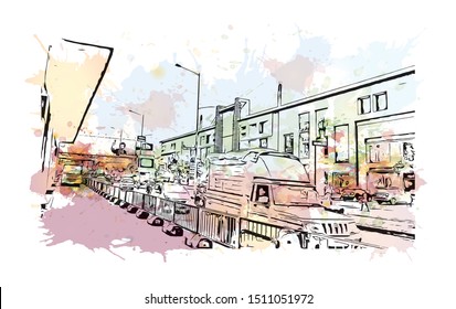 Building view with landmark of Surat is a large city beside the Tapi River in the west Indian state of Gujarat. Watercolor splash with Hand drawn sketch illustration in vector.