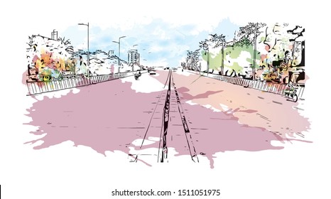 Building view with landmark of Surat is a large city beside the Tapi River in the west Indian state of Gujarat. Watercolor splash with Hand drawn sketch illustration in vector.