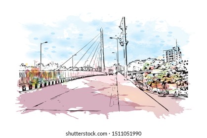 Building view with landmark of Surat is a large city beside the Tapi River in the west Indian state of Gujarat. Watercolor splash with Hand drawn sketch illustration in vector.