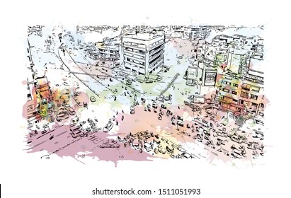 Building view with landmark of Surat is a large city beside the Tapi River in the west Indian state of Gujarat. Watercolor splash with Hand drawn sketch illustration in vector.