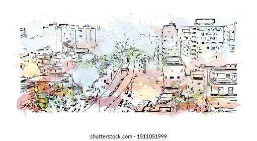 Building view with landmark of Surat is a large city beside the Tapi River in the west Indian state of Gujarat. Watercolor splash with Hand drawn sketch illustration in vector.